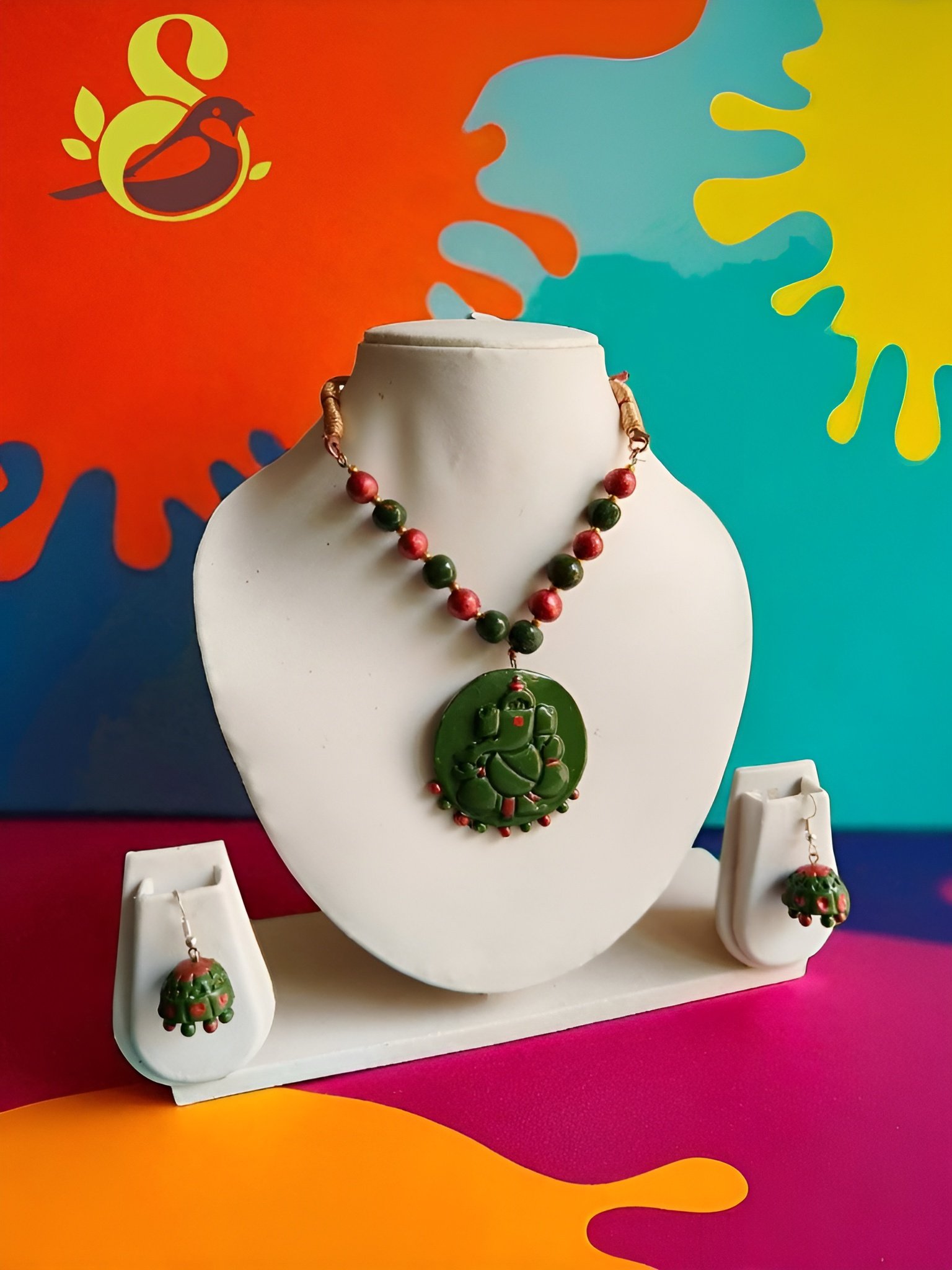 Ganesha Pendant Terracotta Necklace Set - Image 2