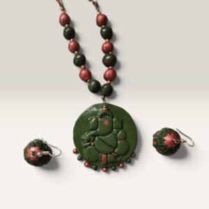 Emerald Vinayaka Handmade Terracotta Necklace Set with Earrings | Shyvika